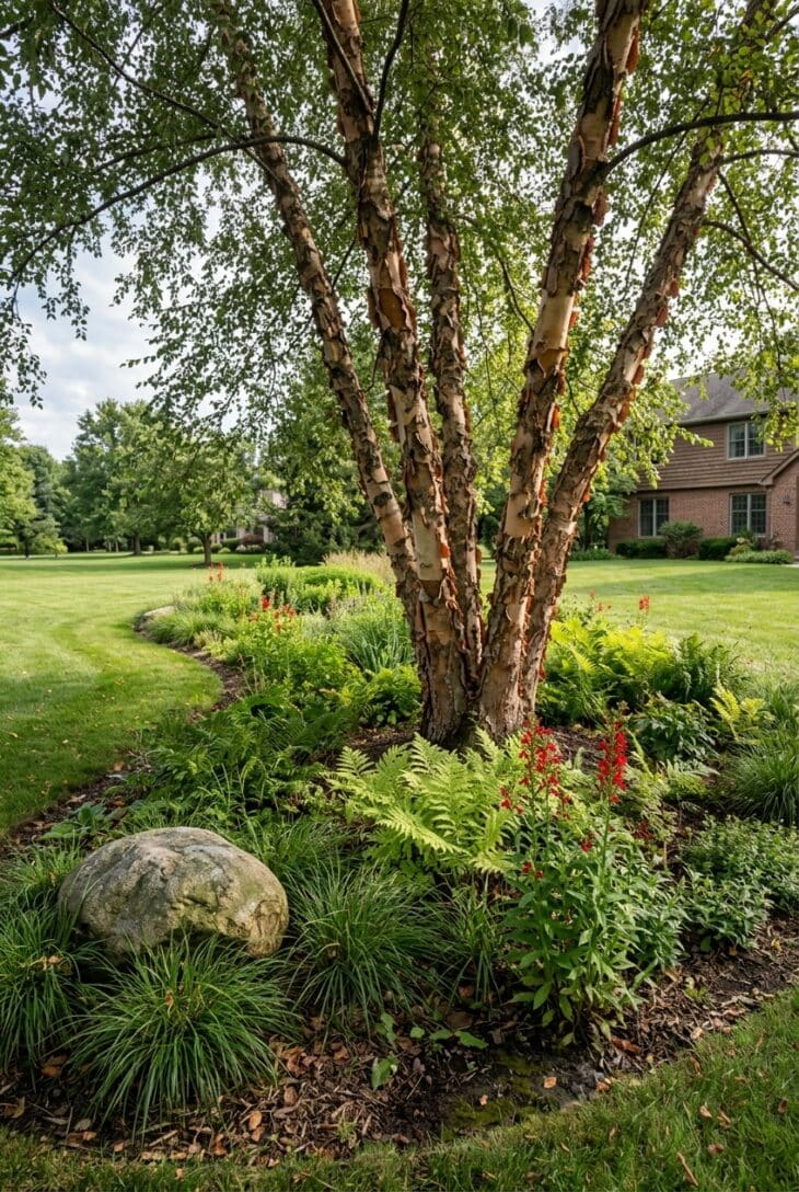 Multi-stemmed river birch with peeling bark rising from a rain garden of sedges, ferns and cardinal flowers