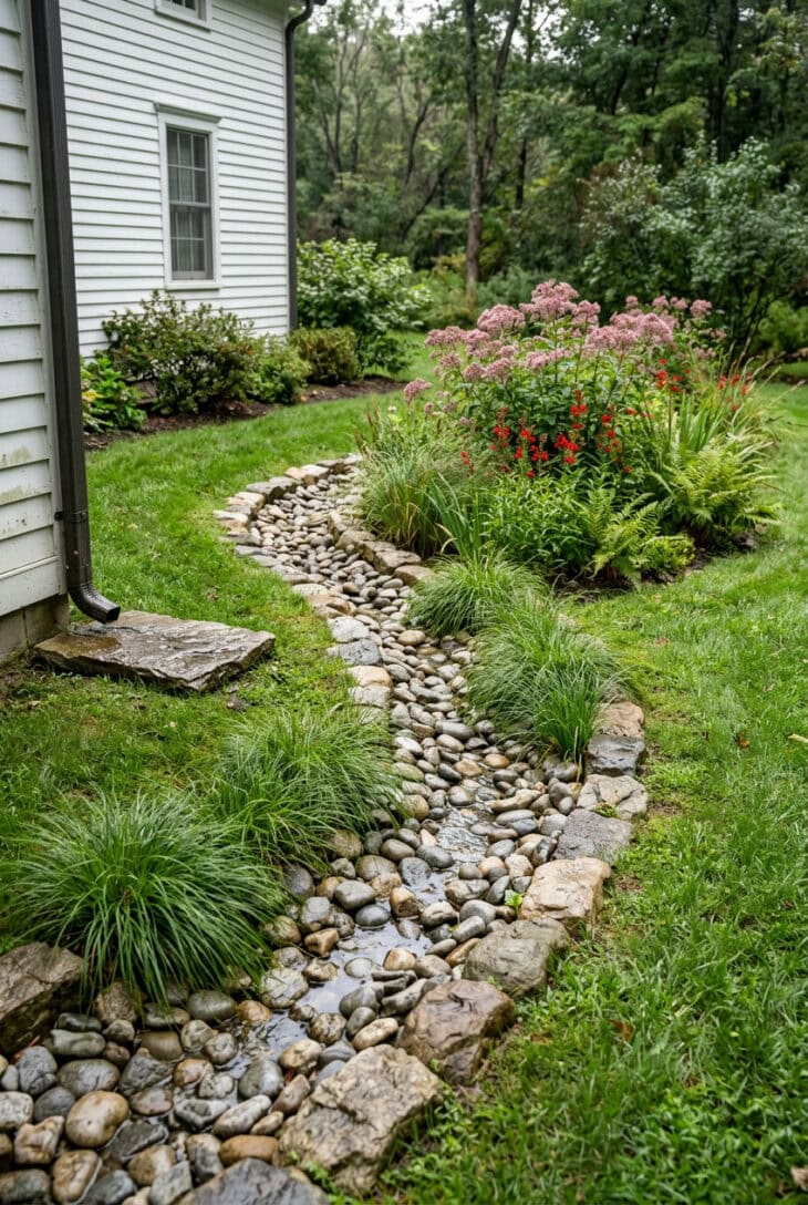 River-rock channel carrying downspout water across a lawn into a rain garden of Joe Pye weed and cardinal flower