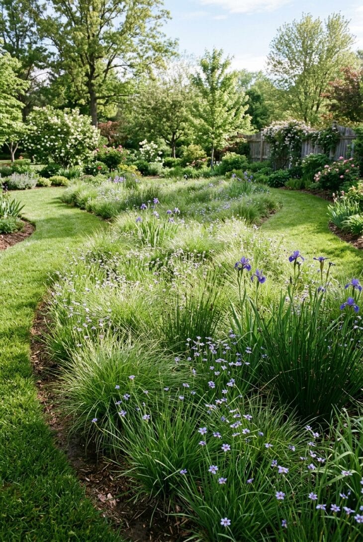 Low rain garden meadow of fine sedges and rushes dotted with blue-eyed grass and blue flag iris