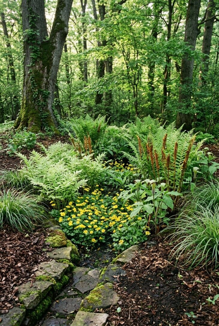 Shady rain garden hollow under oak trees filled with sensitive fern, cinnamon fern and yellow golden ragwort
