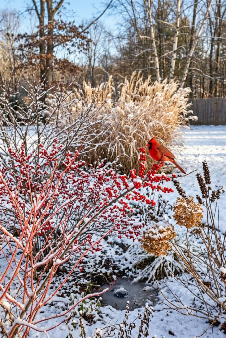 Snowy winter rain garden of red twig dogwood and red-berried winterberry with a cardinal perched on a branch