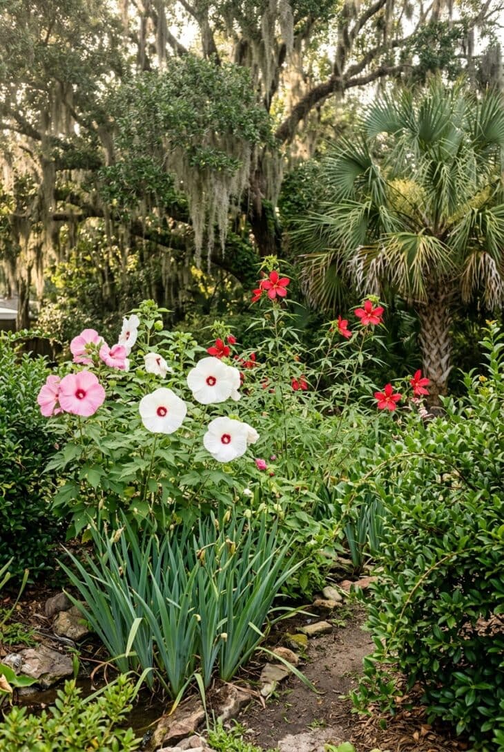 Southern rain garden of swamp rose mallow, scarlet hibiscus and a cabbage palm with a moss-draped oak behind