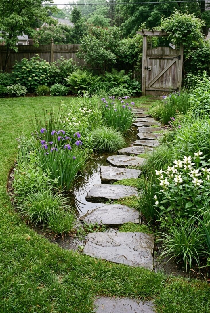 Large flat stepping stones crossing a rain garden of rushes and irises with a shallow pool of rainwater