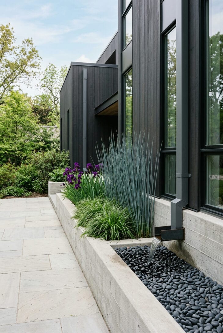 Concrete stormwater planter beside a modern patio, planted with blue rush and purple Louisiana iris under a steel downspout