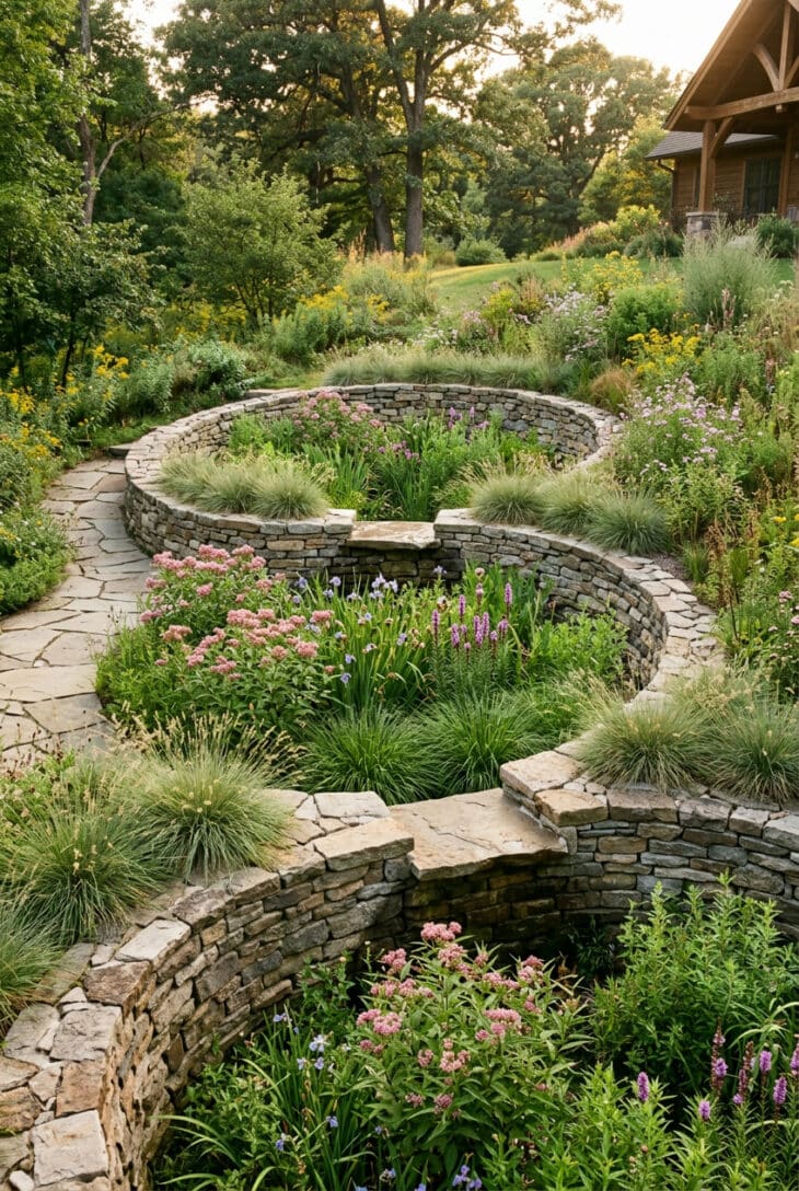 Three stone-walled rain garden terraces stepping down a slope, planted with milkweed, iris and blazing star