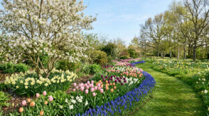Spring garden in April with drifts of pink, apricot and purple tulips, blue grape hyacinths and naturalized daffodils along a grass path