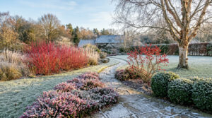 Frosty winter front yard with red dogwood stems, a berry-covered shrub, evergreen shrubs and pink winter heath along a stone path