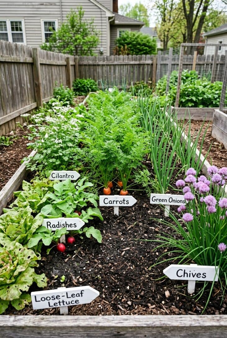 Companion planting diagram for carrots with onions, chives, and cilantro labeled
