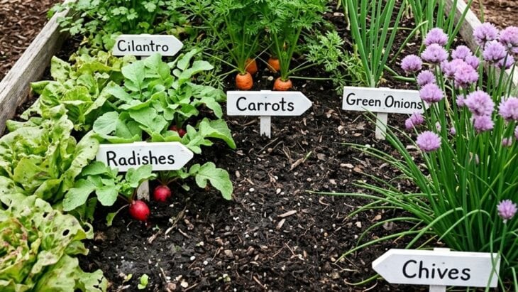 Raised bed with carrots, cilantro, green onions, radishes and chives in flower growing together, each with a plant label