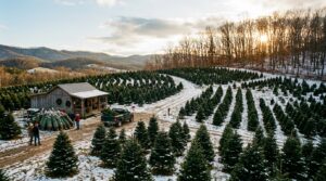 Rows of fir Christmas trees on a snowy Appalachian farm with a stack of cut trees at a farm stand