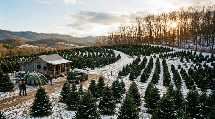Rows of fir Christmas trees on a snowy Appalachian farm with a stack of cut trees at a farm stand