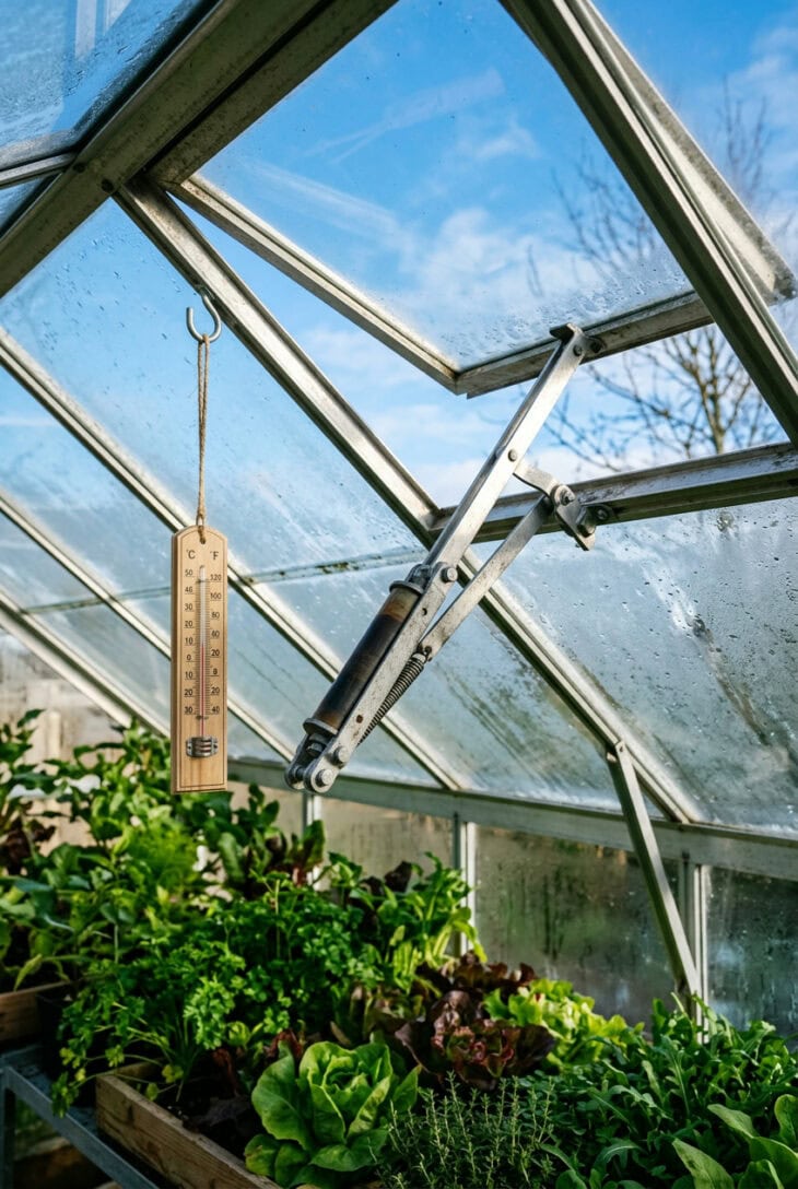 Greenhouse roof vent held open by an automatic opener arm on a bright winter day over healthy lettuce and herbs