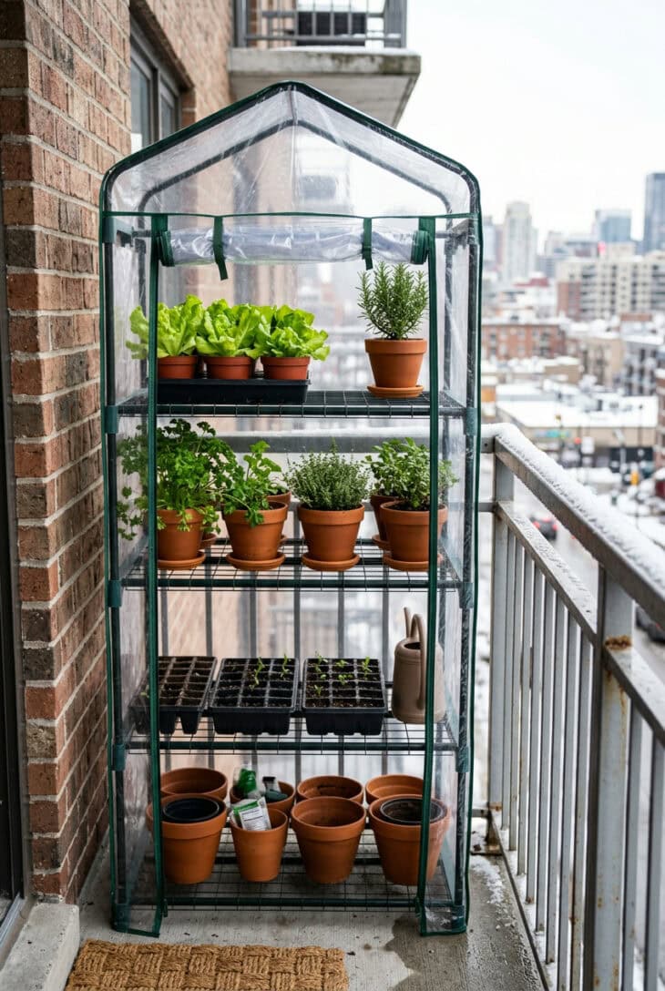 Four-tier mini greenhouse with a clear plastic cover half rolled up on an apartment balcony, holding parsley, thyme, lettuce and seedlings