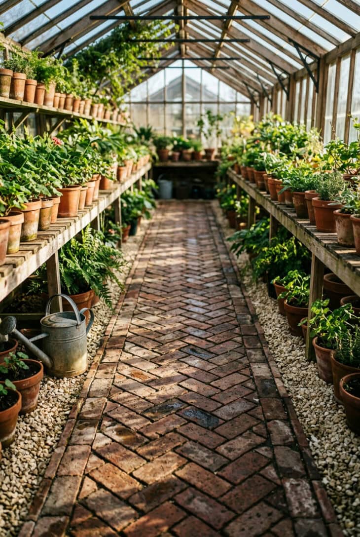 Greenhouse path of herringbone brick edged with gravel, with benches of potted plants on both sides and long window shadows