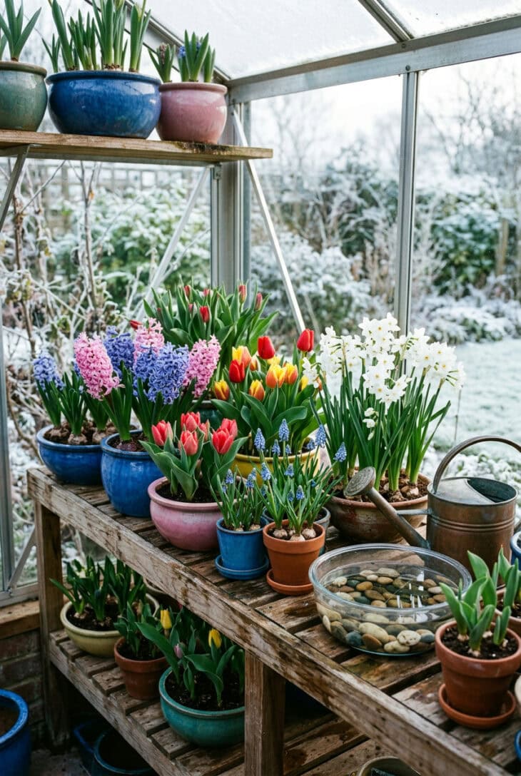Greenhouse shelves of forced hyacinths, tulips, grape hyacinths and paperwhites in pots and a shallow bowl of stones