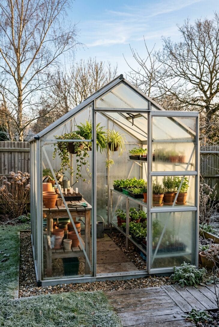 Free-standing backyard greenhouse with an open door, a cedar potting bench with terra-cotta pots and shelves of seedlings on a frosty morning