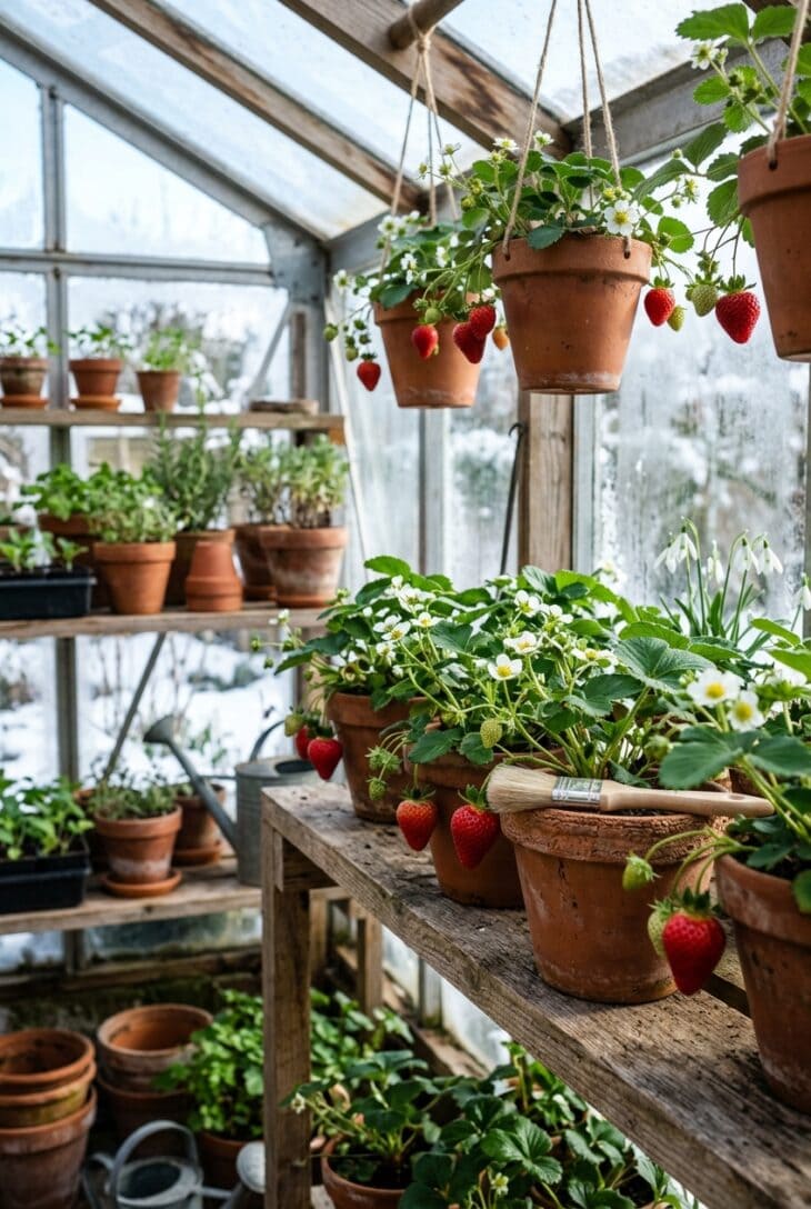 Potted strawberry plants in a late-winter greenhouse with white flowers, ripe red berries and a small paintbrush used for pollination