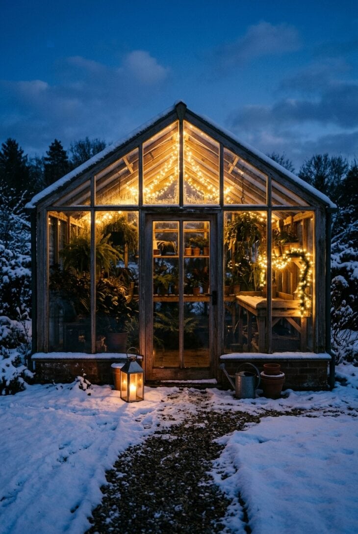 Glass greenhouse glowing with warm string lights at dusk, a lantern on the shoveled path and snow on the roof