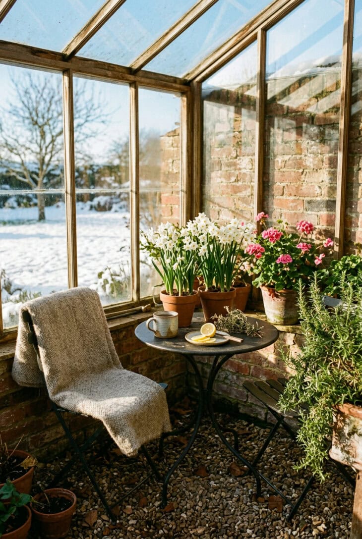 Café table and two chairs in a sunny greenhouse corner among paperwhites, geraniums and rosemary with snow on the lawn outside