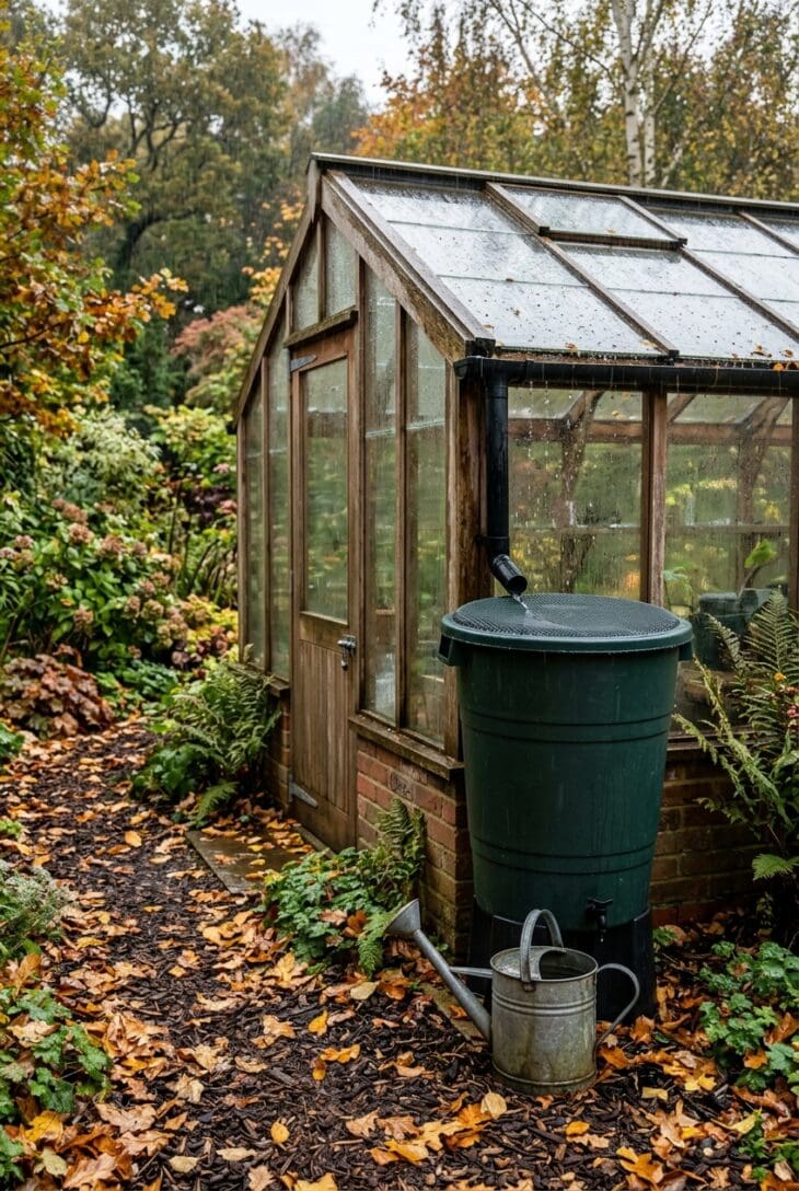 Glass greenhouse with a gutter and downspout feeding a green rain barrel beside the door on a rainy fall day