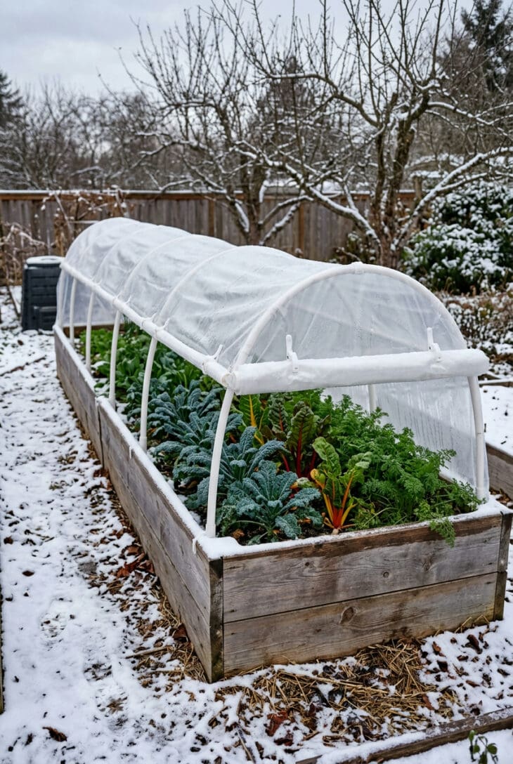 Raised bed under a clear plastic hoop tunnel with one end rolled up to show kale, chard and carrots inside, frost on the plastic