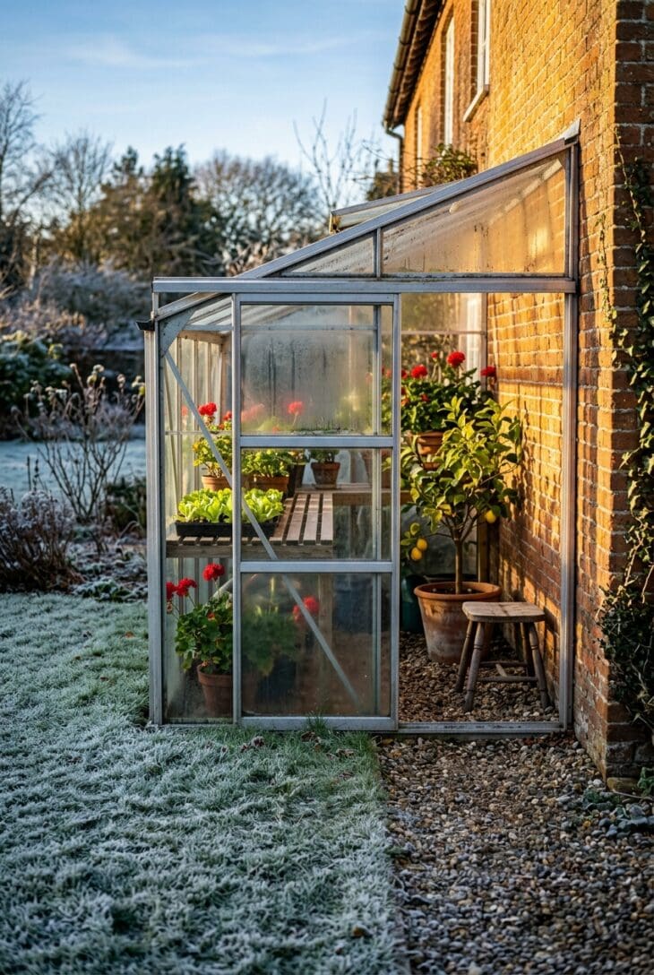 Glass lean-to greenhouse against a sunlit brick wall with geraniums, a lemon tree and lettuce trays visible inside while frost covers the lawn