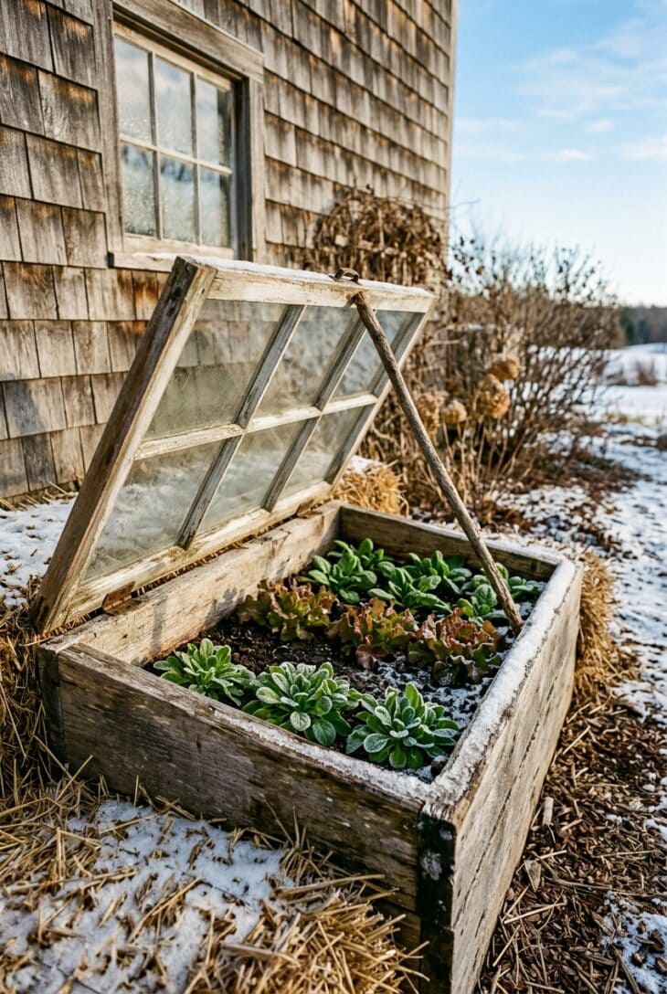 Wooden cold frame with an old window lid propped open over rows of spinach, lettuce and mâche with straw banked around it