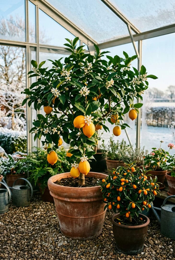 Potted Meyer lemon with ripe fruit and white blossoms beside a kumquat in a bright winter greenhouse