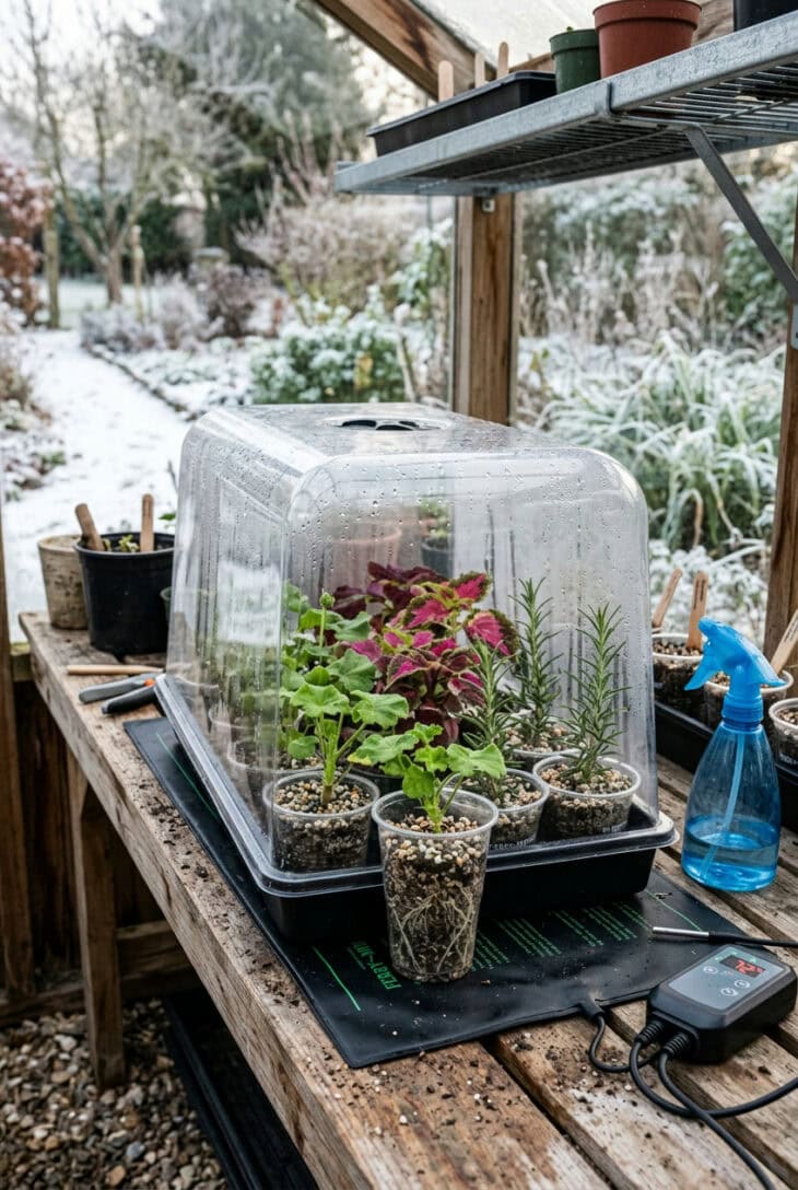 Heat mat and clear dome on a greenhouse bench with geranium, coleus and rosemary cuttings rooting in small pots