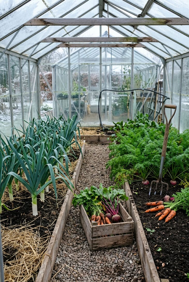 Greenhouse beds of carrots, beets and leeks with a garden fork and a crate of freshly lifted roots on a gravel path