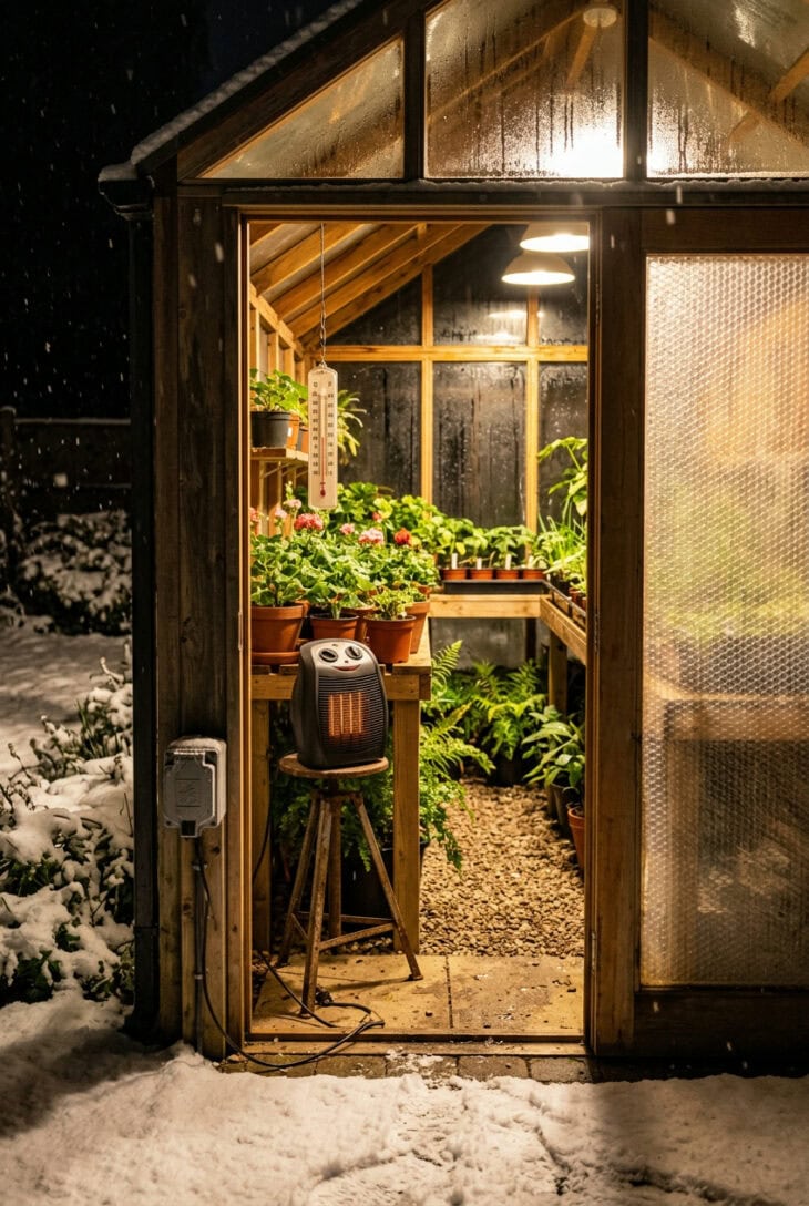 Small thermostat-controlled electric heater near the door of a snowy greenhouse with bubble wrap on one wall and plants set back from it