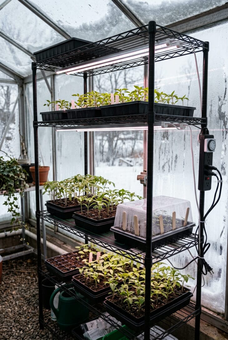 Wire shelving in a greenhouse with LED grow lights over trays of tomato and pepper seedlings, a heat mat and a humidity dome