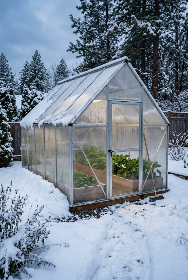 Polycarbonate greenhouse with snow banked at its base and a steep roof shedding snow, green kale and spinach glowing inside