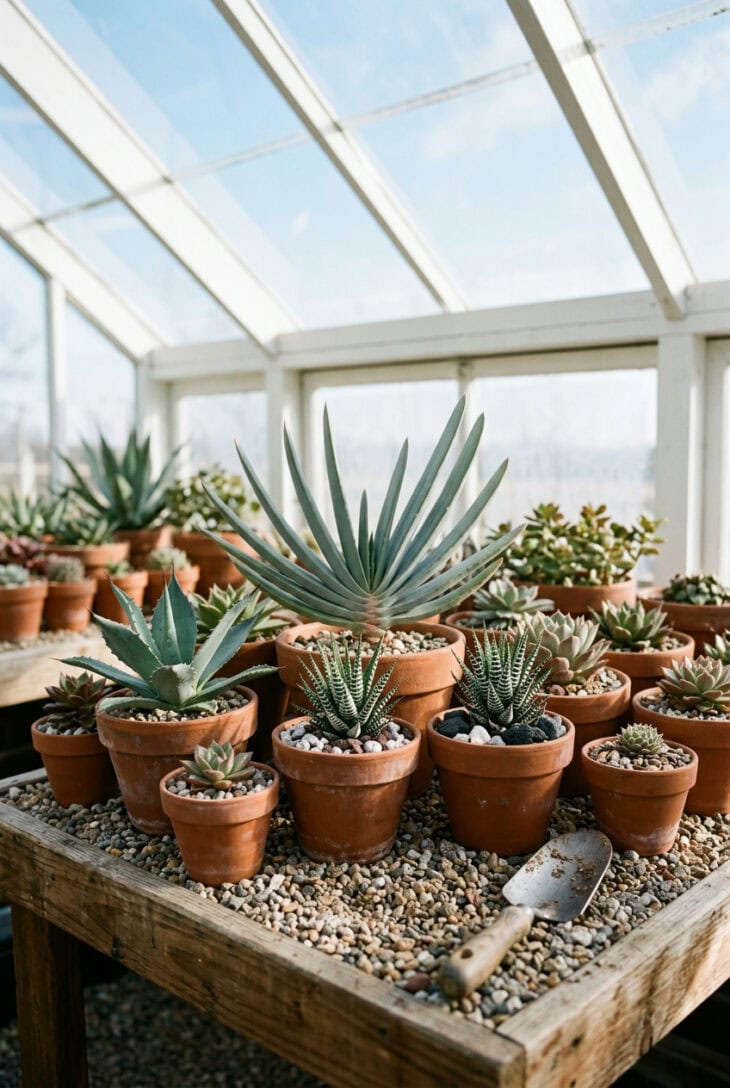Greenhouse bench of zebra haworthia, a fan aloe and a young blue agave in terra-cotta pots with gravel top dressing