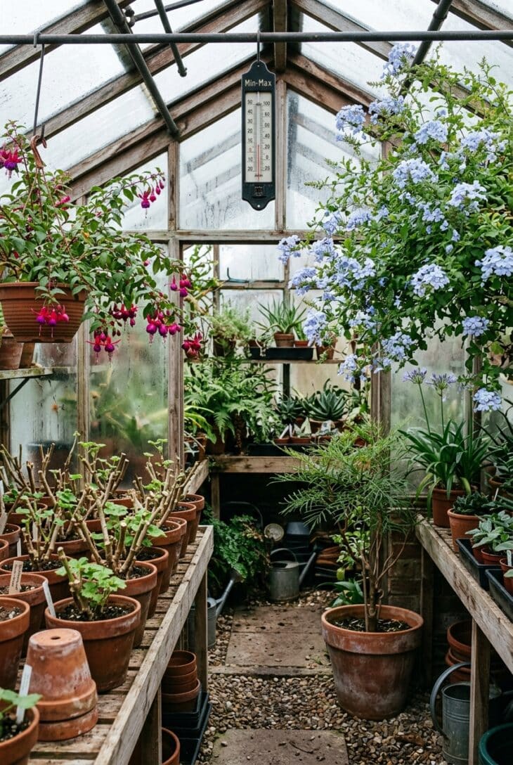 Cool greenhouse crowded with cut-back geraniums, blue-flowered plumbago, a hanging fuchsia and a Mexican bird of paradise in pots