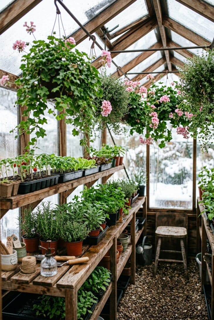 Small greenhouse with three tiers of slatted shelves of seed trays and herbs and hanging baskets of ivy geranium and thyme