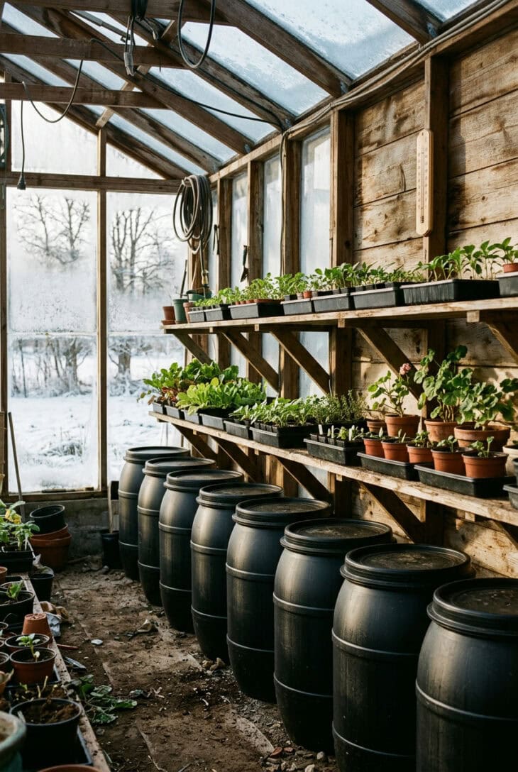 Row of matte black water barrels along the back wall of a greenhouse under shelves of seedlings and potted plants