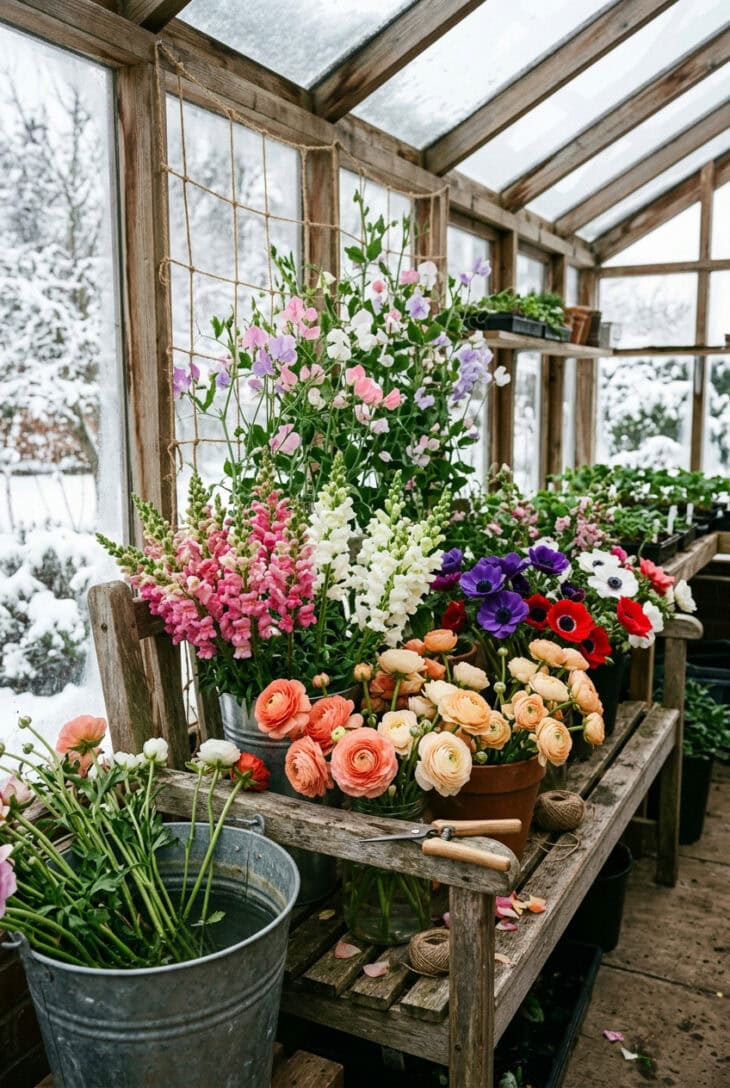 Greenhouse bench of snapdragons, ranunculus and anemones with sweet peas on a trellis and a bucket of freshly cut stems