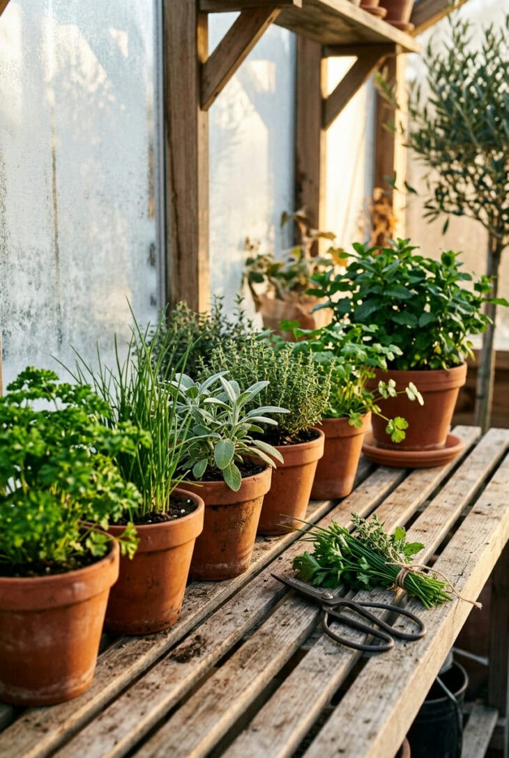 Shelf of terra-cotta pots holding parsley, chives, sage, thyme, cilantro and peppermint in a bright greenhouse, with scissors and a cut bundle