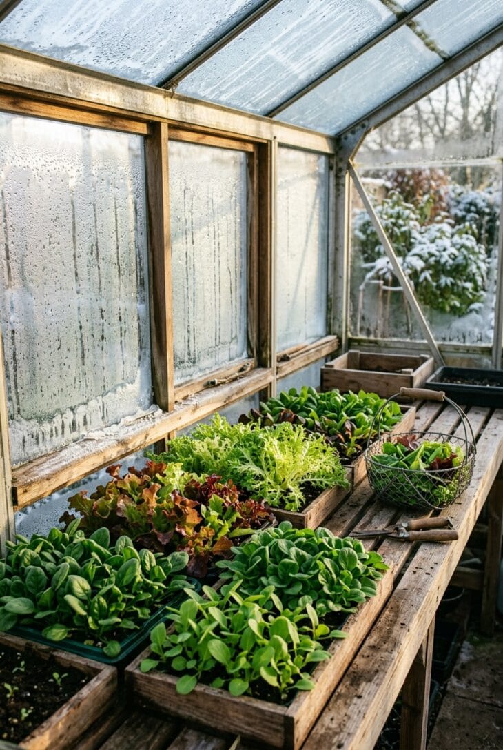 Wooden bench in an unheated greenhouse holding trays of spinach, lettuce, frisée, mâche and claytonia with a basket of cut greens
