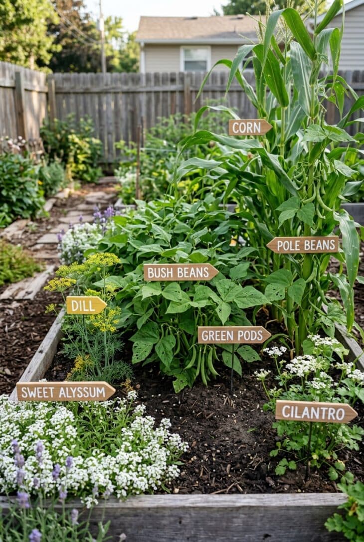 Companion planting diagram for green beans with corn, sweet alyssum, and dill labeled
