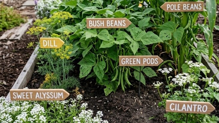 Raised bed of bush and pole green beans with dill, sweet alyssum, and cilantro, each on a wooden label