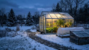 Glass greenhouse glowing at dusk in a snowy backyard with a hoop tunnel and cold frame beside it and a shoveled path to the door