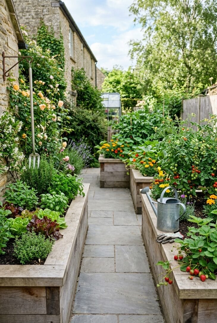 Tall raised beds with a wide ledge and smooth wide paths planted with lettuce, herbs, strawberries and cherry tomatoes