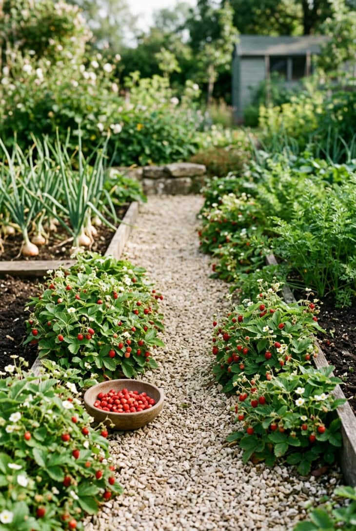 Gravel path edged with mounds of alpine strawberry plants bearing tiny red berries and white flowers