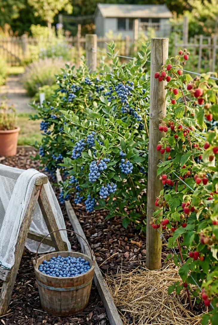 Corner of blueberry shrubs with ripe blue berries and trellised raspberry canes beside a bucket of picked blueberries