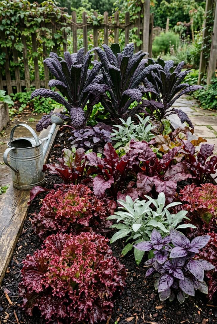 Bed of purple and burgundy kale, beet greens, red lettuce and purple basil with silver sage at the front