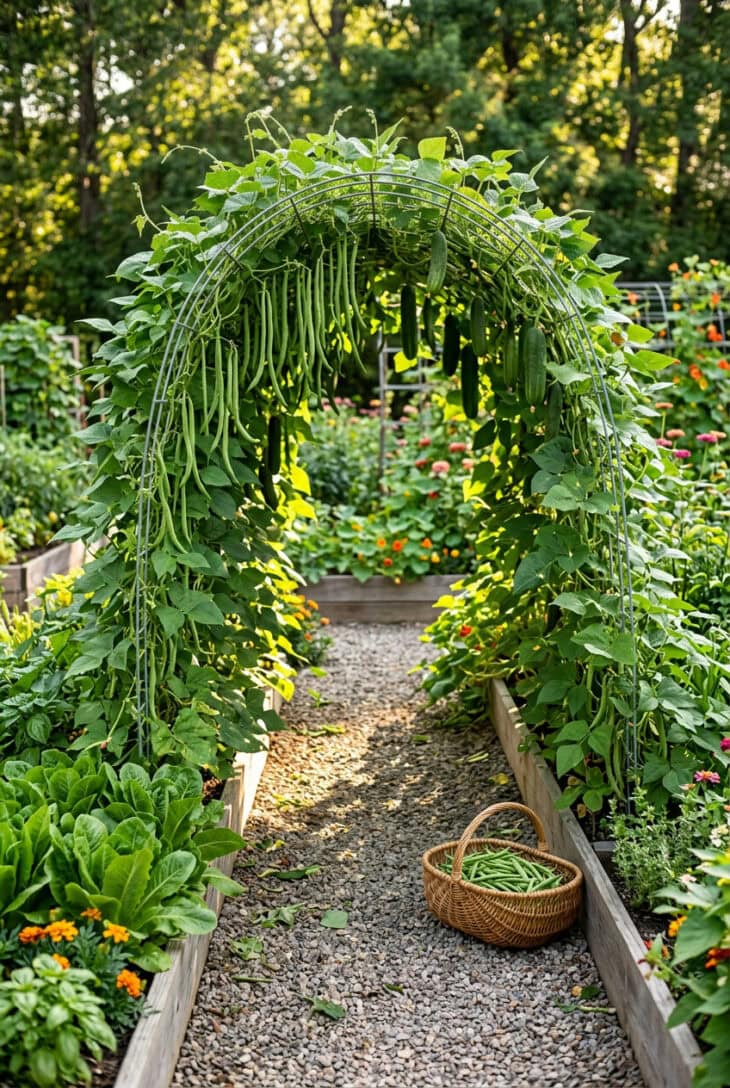 Curved wire arch over a gravel path between raised beds, covered in pole beans and hanging cucumbers