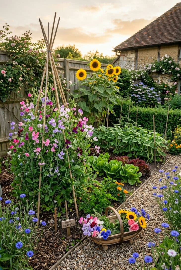 Cottage kitchen garden with a teepee of pink and purple sweet peas, tall sunflowers, lettuce rows and cornflowers along the path