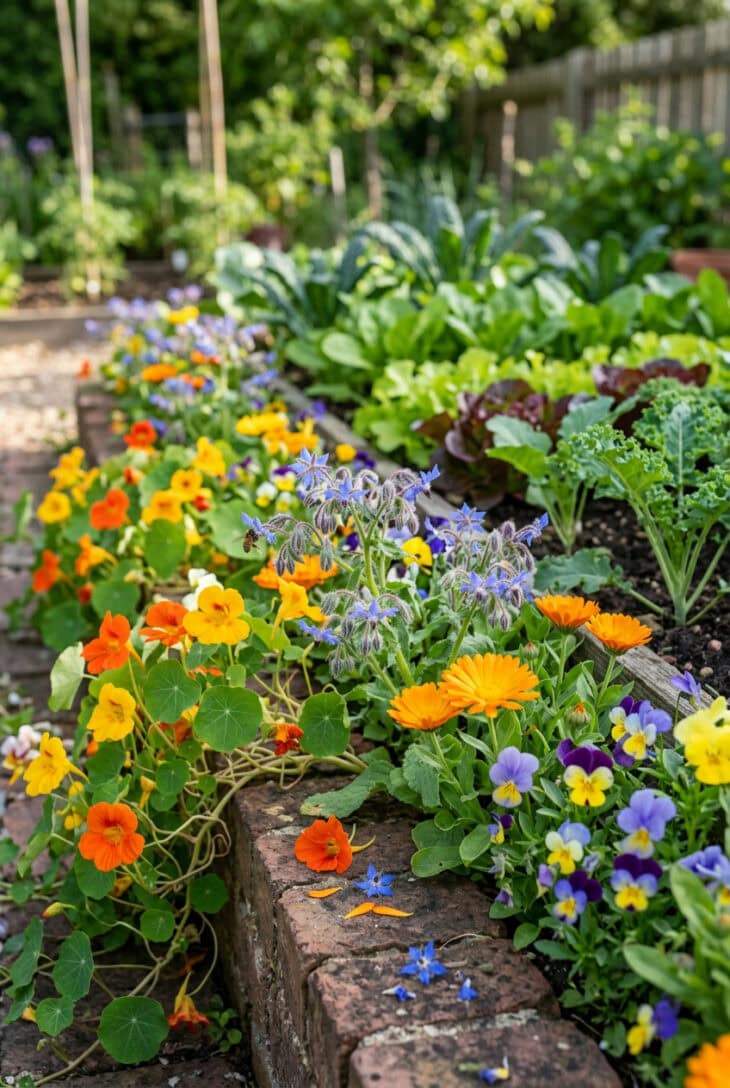 Vegetable bed edged with orange nasturtiums, calendula, blue borage and violas spilling over a brick border